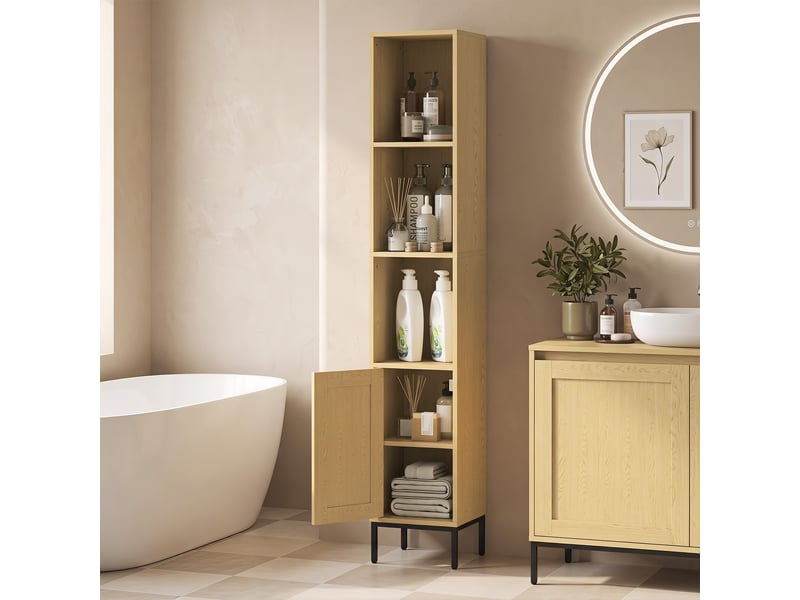  Armoire de salle de bain haute et étroite avec étagères ouvertes et étagère réglable, aspect bois naturel  - Conforama D