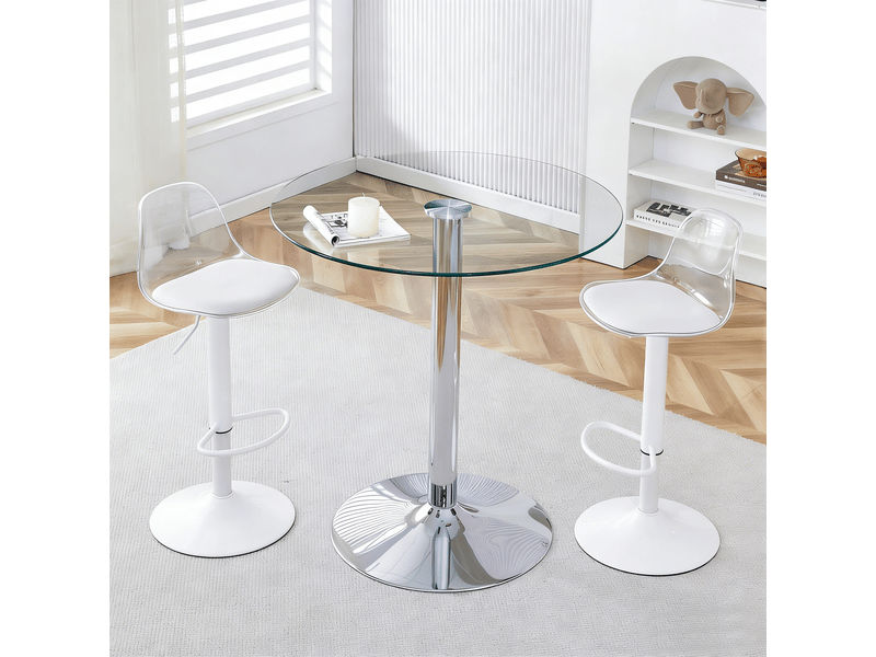  Ensemble table haute et 2 tabourets, table de bar ronde en verre de 89 cm, sièges transparents réglables et pivotants, pieds blancs  - Conforama C
