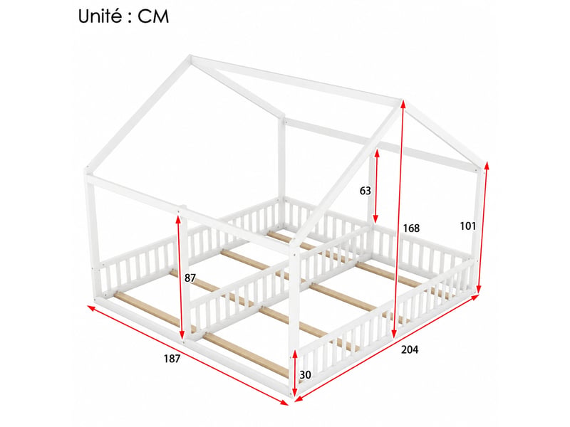  Lit cabane double pour enfants, 2 couchages de 90 x 200 cm côte à côte, barrières, structure en pin et mdf blanc  - Conforama C