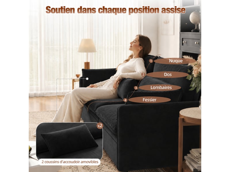  Canapé-lit 3 places convertible avec coffre de rangement, dossier réglable et coussins mobiles - noir - 206 x 91 x 86 cm  - Conforama E