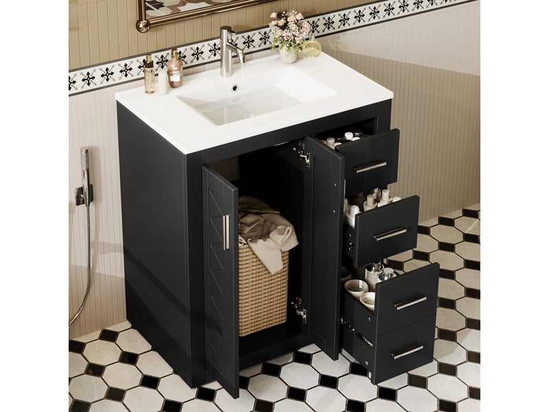  Meuble sous vasque avec 2 portes et 3 tiroirs, vasque en céramique, finition laquée, salle de bain, 76×46,5×85,5 cm  - Conforama C