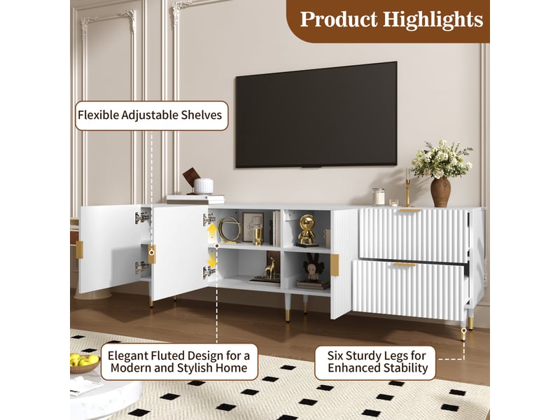 Meuble tv 3 portes, tiroirs, passe-câbles et pieds réglables - lpospi - poignées dorées, mdf blanc 170 × 35,5 × 55 cm - Conforama E