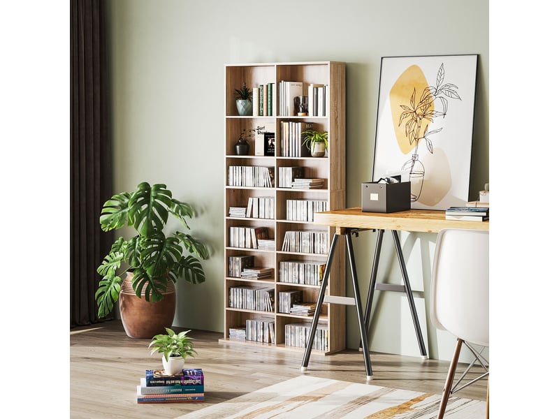  Meuble à dvd à 9 niveaux avec 18 compartiments et 14 étagères réglables, pouvant contenir 640 cd, 360 dvd ou 430 blu-ray, en bois naturel  - Conforama D