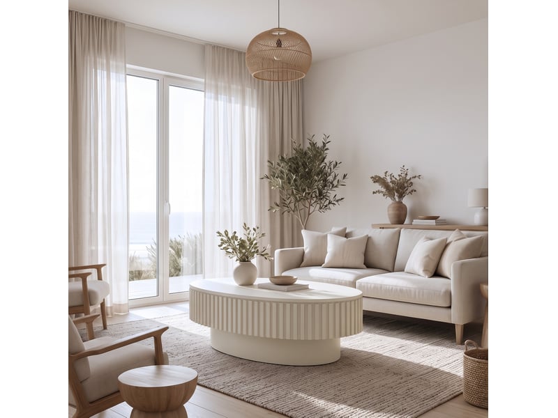  Table basse ovale avec rangement caché sous plateau amovible et cannelures en mdf plaqué bois crème 98 × 60 × 35 cm  - Conforama E