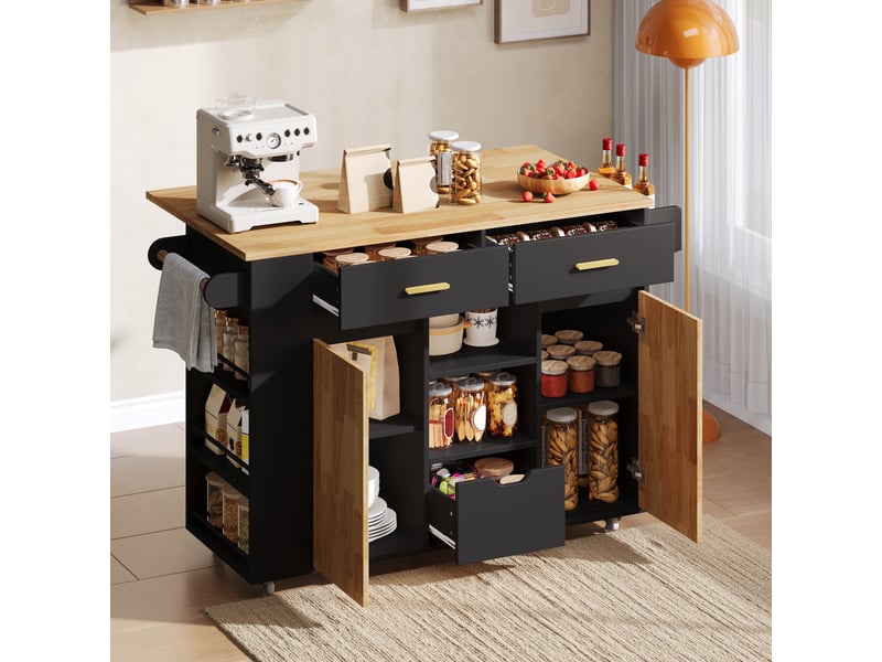  Desserte de cuisine extensible avec 3 tiroirs, étagère à épices, porte-serviettes et roulettes verrouillables pour cuisine  - Conforama B