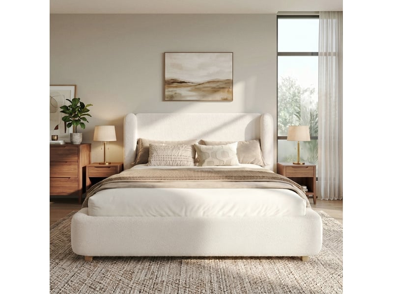  Lit coffre 2 places 140x190 cm avec sommier à lattes bouclette beige  - Conforama B