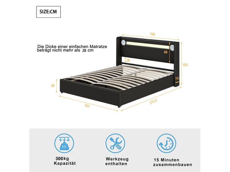  Lit double 160 x 200 cm avec rangement hydraulique, led, bluetooth et usb noir  - Conforama E