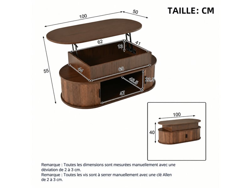  Table basse relevable, hauteur reglable jusqu a 55 cm, finition effet noyer, ovale, avec coffre de rangement et portes coulissantes.  - Conforama C