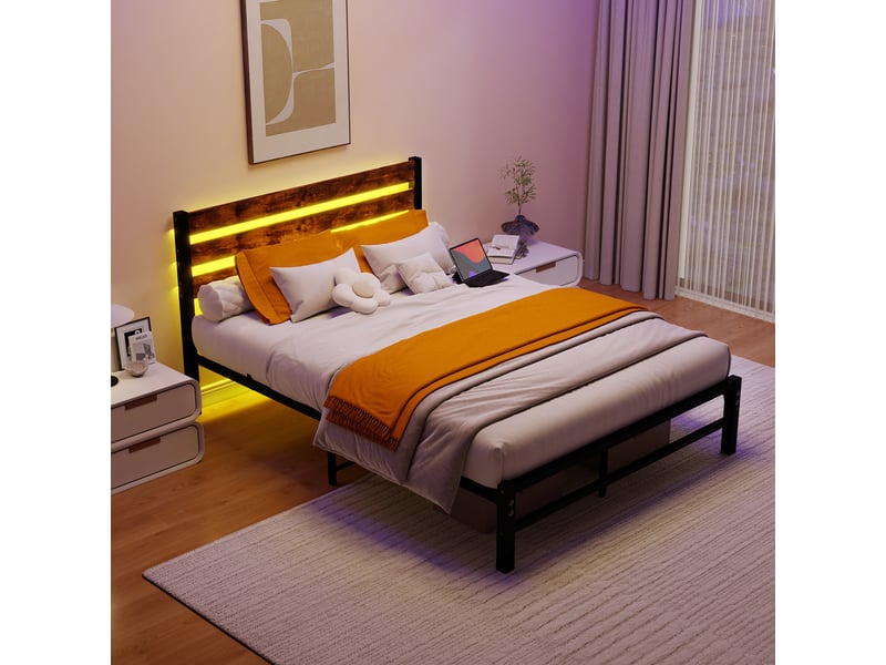  Lit double 140x200 cm avec tête de lit, cadre de lit adulte avec station de recharge usb et éclairage led, marron, lit pour adulte  - Conforama D