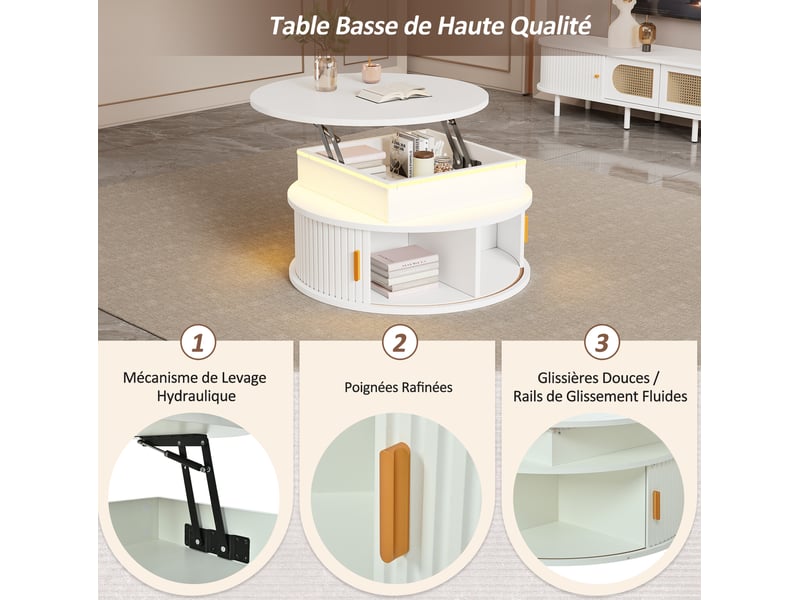  Table basse relevable ronde avec 2 portes à enroulement, led, rangement, pour salon, en mdf, blanche, 75 × 75 × 52 cm  - Conforama E