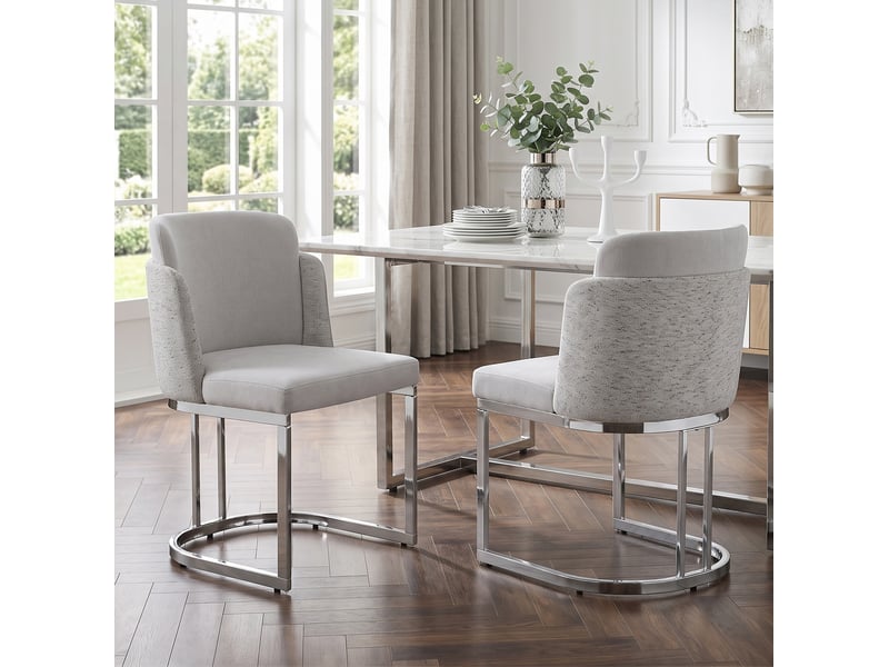  Chaise de salle à manger lot de 6 avec dossier double et accoudoirs en tissu chenille gris clair et argenté  - Conforama D