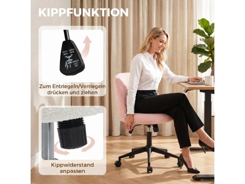  Chaise de bureau pivotante en tissu teddy rose, réglable en hauteur, à roulettes, mousse confort  - Conforama B