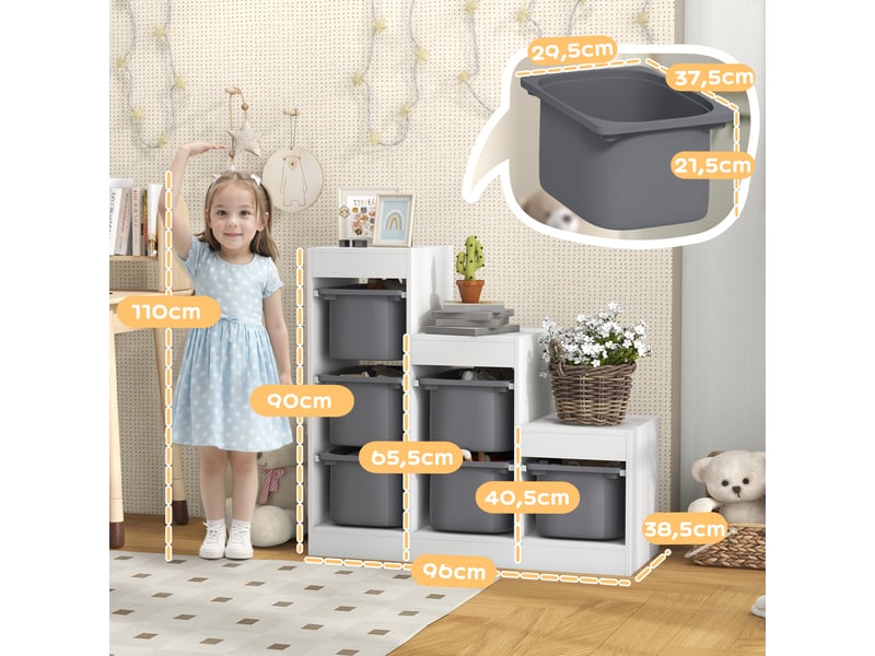 Meuble de rangement pour jouets des enfants avec 6 bacs amovibles, 3 niveaux de rangement, 96 x 38,5 x 90, gris - Conforama C