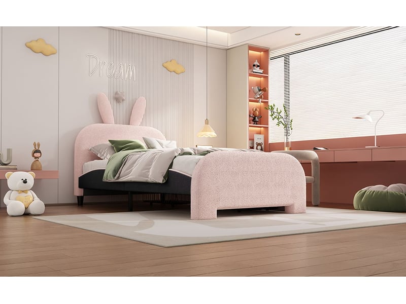 Lit rembourré 90x200cm tête de lapin avec 2 tiroirs de rangement - lit enfant - tissu peluche doux, sommier inclus, mignon, rose  - Conforama B