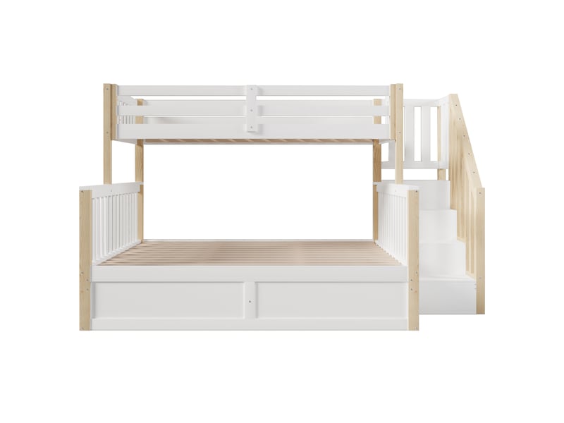 Lit superposé blanc et naturel 90/140x200 cm, rangement hydraulique, escalier-rangement - Conforama A