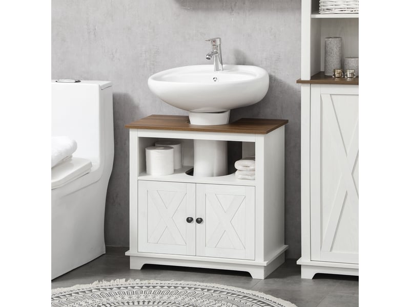  Meuble sous-lavabo en bois, meuble de salle de bain sur pied, meuble sous-lavabo à 2 portes, 60 x 30 x 60 cm, blanc  - Conforama D