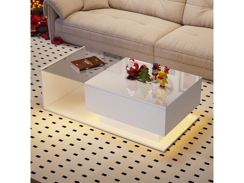  Table basse 100x50x32 cm avec plateau en verre, éclairage led, tiroir de rangement, finition blanc brillant, design moderne pour salon - blanc  - Conforama D