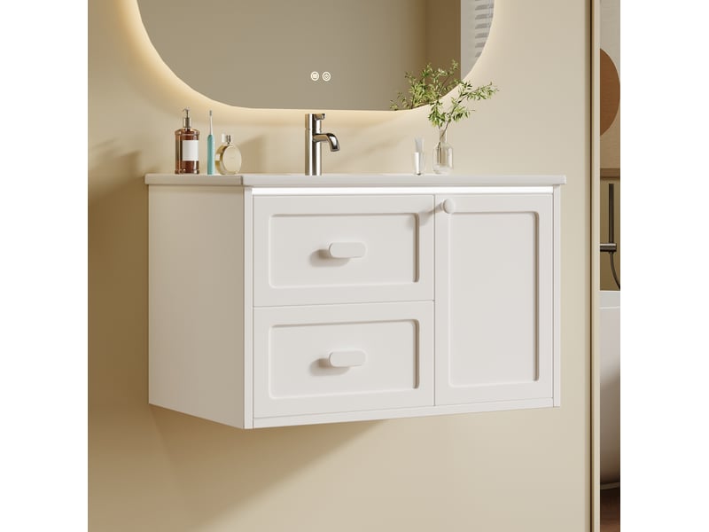  Meuble vasque suspendu 76x46x51 cm avec led à capteur radar, meuble de salle de bain, 2 tiroirs et 1 porte, mdf, blanc  - Conforama E