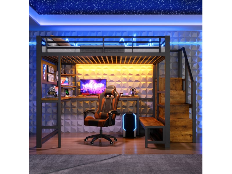  Lit mezzanine 140x200 cm avec bureau, rangements, led et usb-c noir  - Conforama E