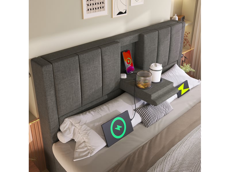 Lit coffre tcqpz 180 x 200 cm avec porte-gobelet dissimulé et station de charge usb type-c gris - Conforama E
