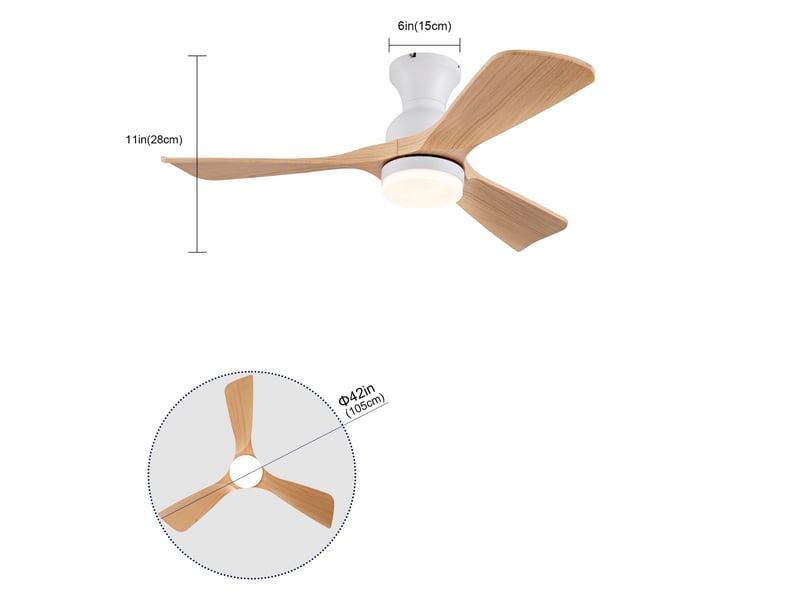 Ventilateur de plafond avec lampe, luminaire led silencieux, métal et abs aspect bois 106 cm 42 pouces moteur dc réversible, blanc et naturel - Conforama E
