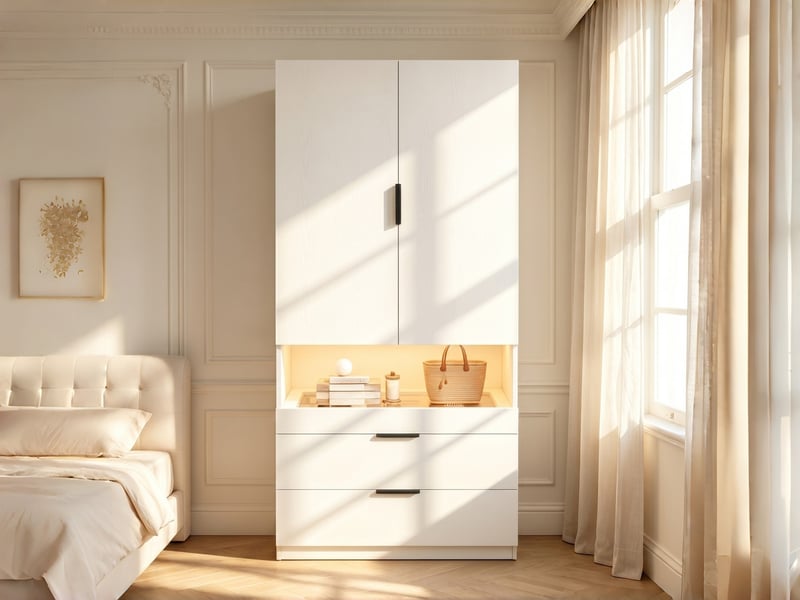  Armoire lumineuse avec tiroir à bijoux, 90 x 50 x 200 cm, portes battantes, 1 tringle, tablette en verre et 3 tiroirs, blanc  - Conforama B