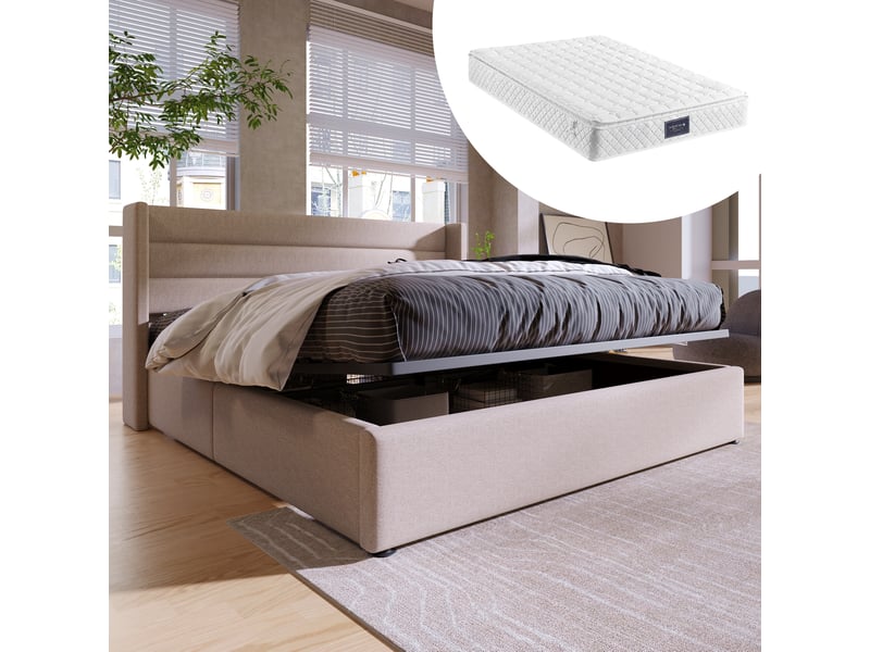  Lit coffre double 160x200 cm en lin beige, matelas inclus  - Conforama B