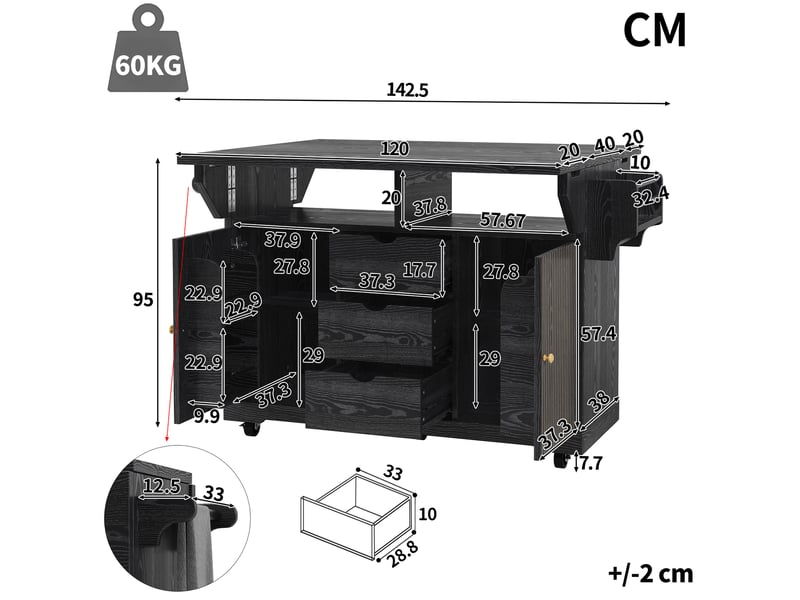  Desserte de cuisine avec plateau extensible, chariot de cuisine avec tiroirs, hauteur 95 cm, noir  - Conforama W