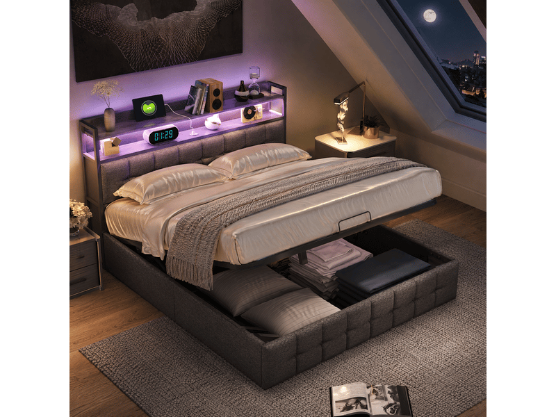  Lit coffre 140x190 avec rangement, cadre de lit double rembourré avec led et usb lit 2 personnes led avec prise lit adulte capitonné avec tête de lit et rangement hydraulique gris lin, sans matelas  - Conforama B