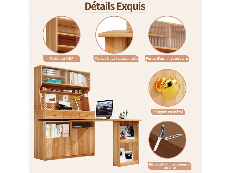  Armoire haute multifonction avec bureau et table de bar, led et portes en verre, 137x74x177,7 cm  - Conforama D