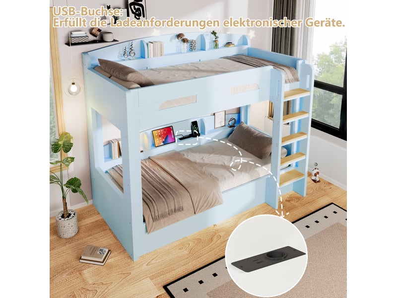 Lit superposé 90 × 200 cm avec prise usb, rangements ouverts, échelle latérale, bleu clair pour chambre d'enfant - Conforama E