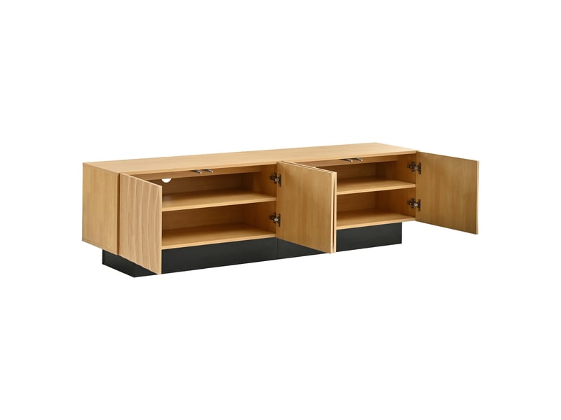  Meuble tv 180x40x50cm avec 4 portes à relief arqué 3d, étagères fixes, passe-câbles et socle noir, style mid-century, bois naturel evarich - Conforama D