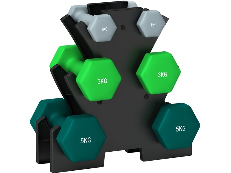 Haltères hexagonaux, set de 6 poids de 1, 3 et 5 kg avec support compact pour un entraînement à domicile organisé  - Conforama A
