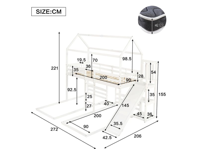  Lit superposé 90x200cm - avec toboggan et toit maison - rangement - lit superposé enfant - bois massif blanc - stable et sécurisé  - Conforama C