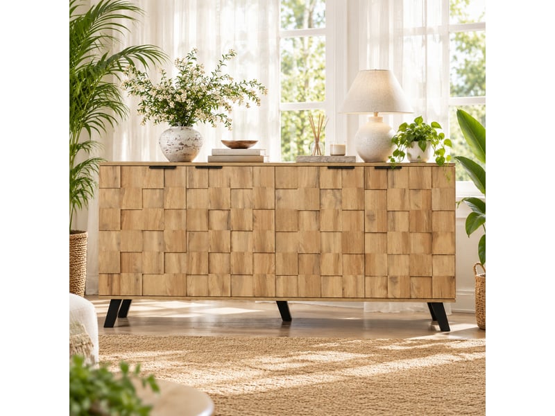 Buffet bas moderne 4 portes décor bois clair – 160,5 x 35,5 x 78 cm - Conforama B