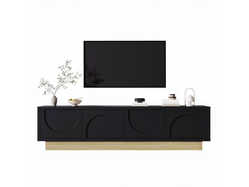  Meuble tv 175 cm, meuble tv contemporain avec rangement, design courbé noir, finition bois, passe-câbles intégré  - Conforama A
