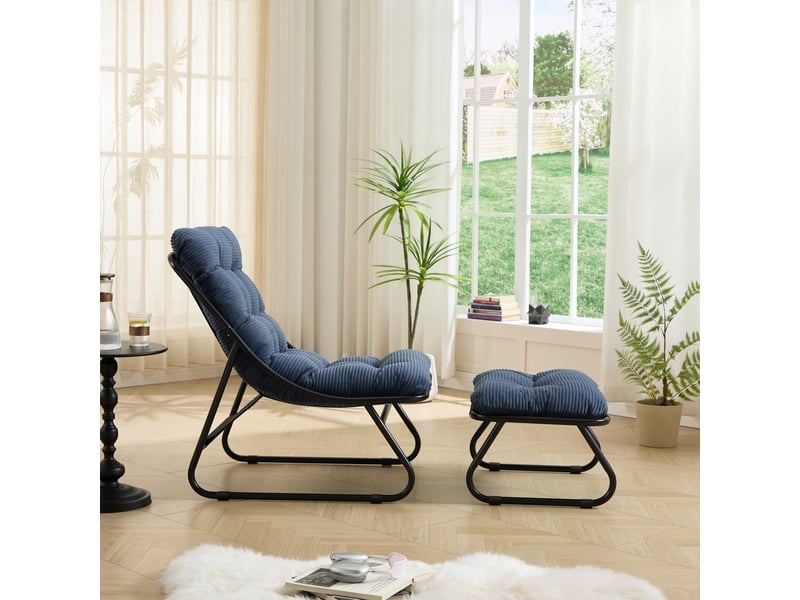  Fauteuil lounge noir avec repose-pieds et coussin bleu marine épais confortable  - Conforama E