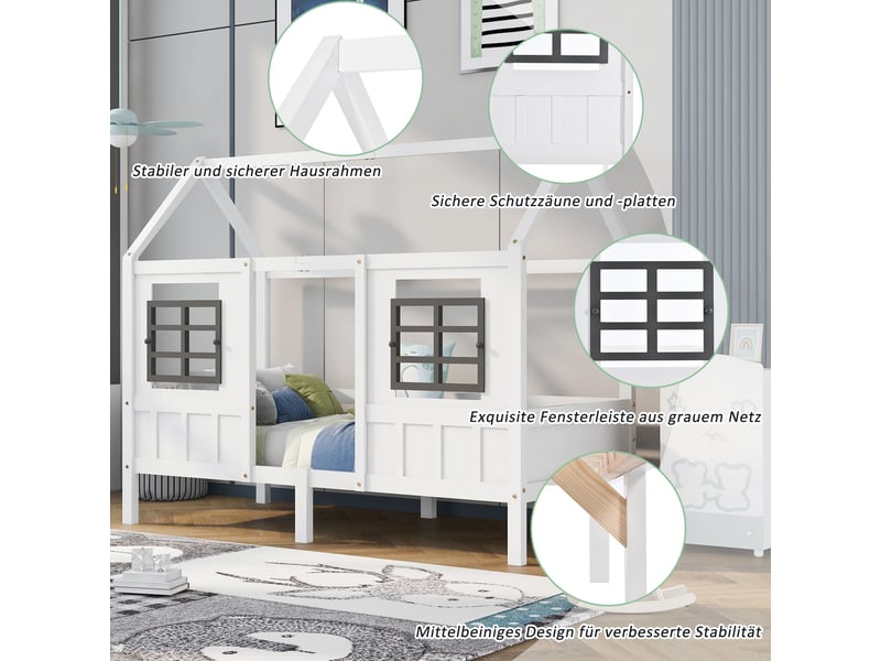  Lit cabane enfant 90x200 blanc en pin massif et mdf avec 2 tiroirs et fenêtres  - Conforama D