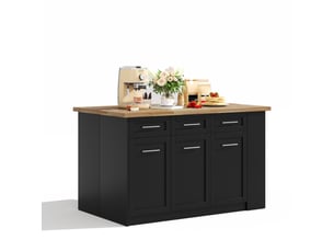 Îlot multifonctionnel cuisine table rallonge noir plan bois laminé rangement intégré familial 150 x 90 x 90 cm