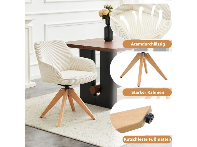  Lot de chaises 2 pièces style rétro assise en velours crème rayures verticales pieds en bois massif pivot 360°  - Conforama E