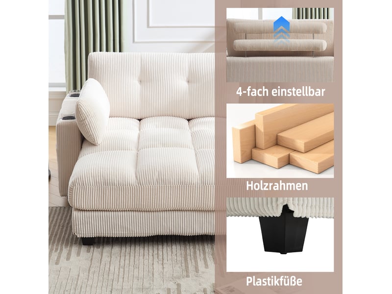  Fauteuil relax fixe en velours côtelé beige avec usb, 2 porte-gobelets et rangement latéral, pour vos pauses  - Conforama D