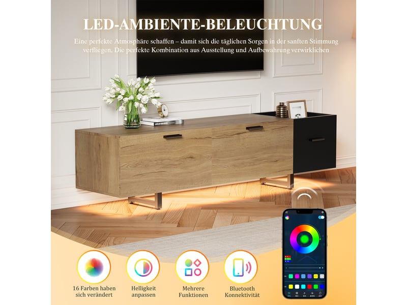 Meuble tv bois et noir 180 cm avec éclairage led, banc de télévision moderne à tiroirs et niches, bois d'ingénierie et métal, 180x38x49 cm  - Conforama E