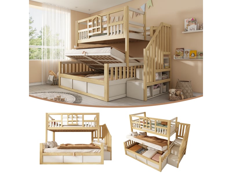 Lit superposé cabane 90x200 et 140x200 cm avec escalier et coffre Fay Lum - Conforama B