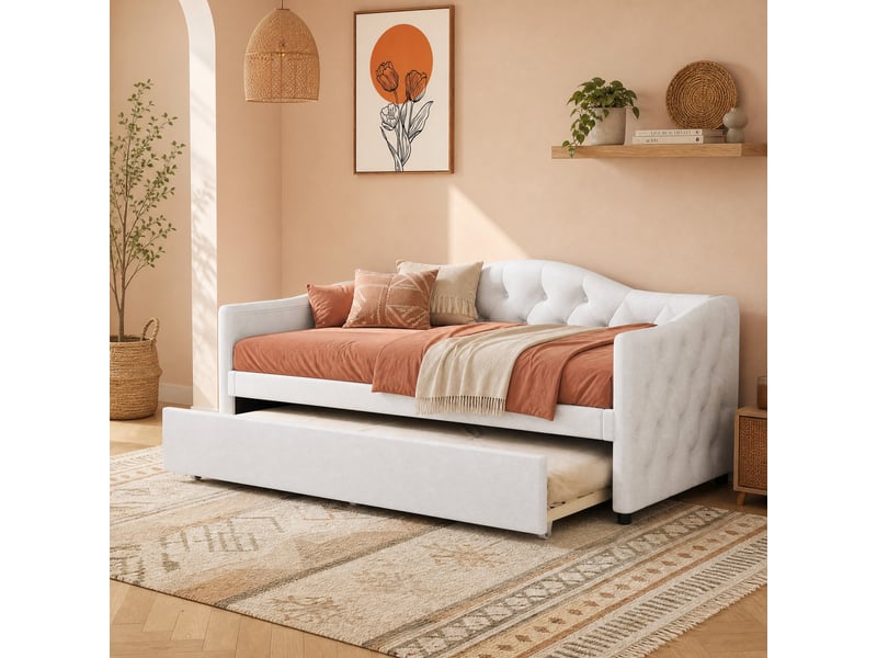  Lit gigogne 90x200 cm avec couchage coulissant 90x190 cm en lin beige  - Conforama C