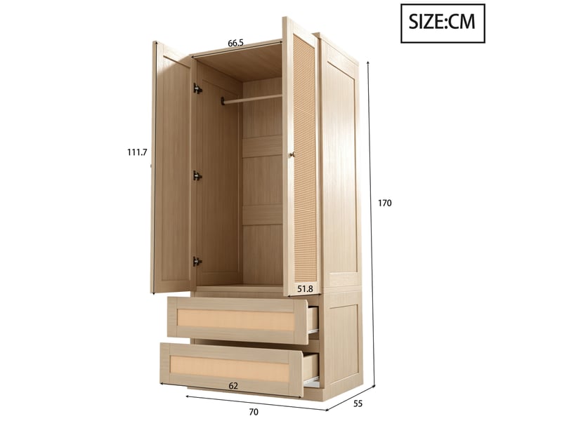  Armoire avec 2 portes, 2 tiroirs et compartiment, portes aspect rotin, pour chambre, finition bois, 70 × 55 × 170 cm  - Conforama E