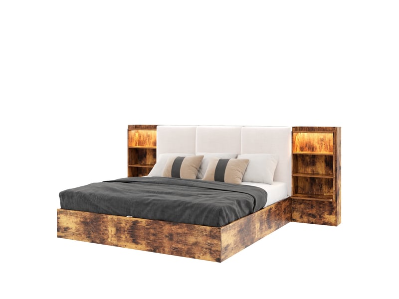 Lit plateforme 180x200 cm avec rangement hydraulique, tête de lit et led marron  - Conforama A