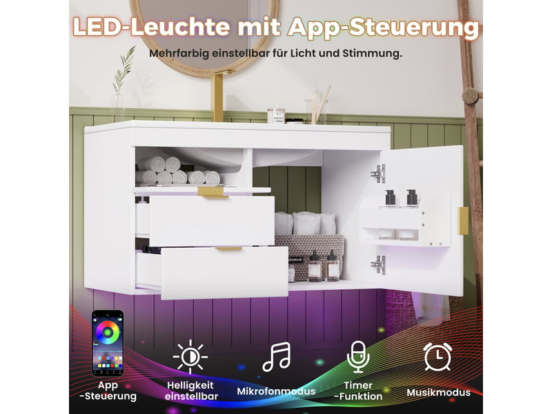  Meuble salle de bain suspendu 76cm blanc bois avec lavabo céramique et led connectée  - Conforama R