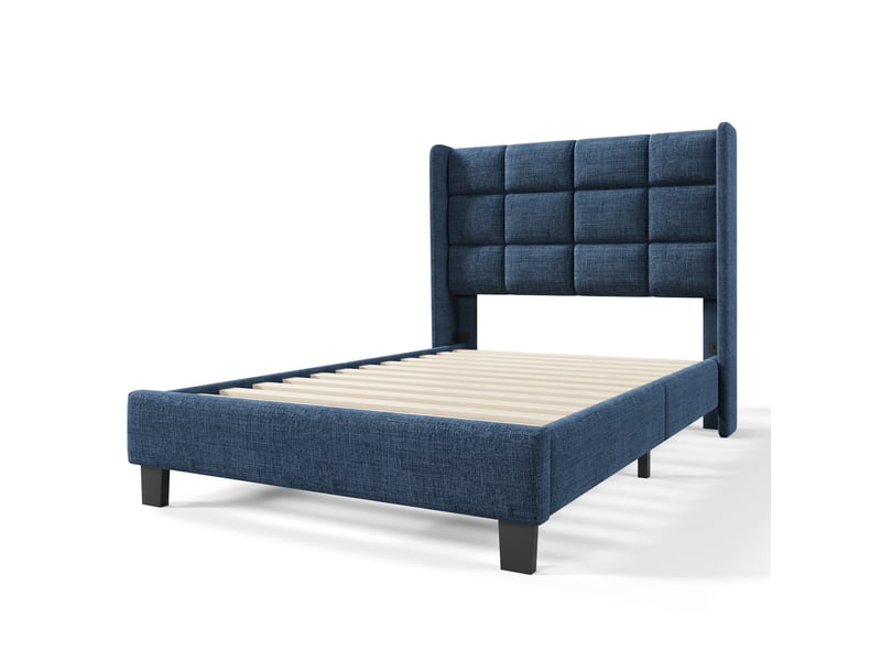 Lit simple rembourré moderne en lin bleu, 90x200 cm, tête de lit et sommier à lattes, sans matelas  - Conforama E