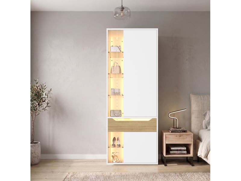  Armoire dressing tcqpz 75 x 50 x 200 cm avec vitrine en verre led, penderie, tiroir et 6 niches ouvertes, mdf blanc  - Conforama D