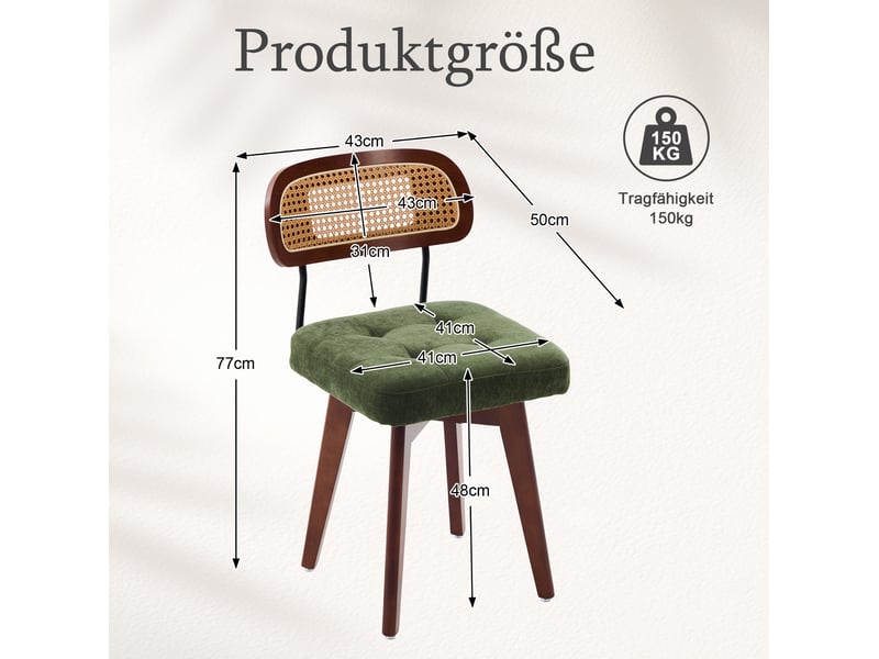  Lot de 2 chaises de salle à manger pivotantes 360° en tissu vert, dossier en paille, style vintage élégant  - Conforama C